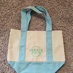 Trader Joe’s Logo Canvas Tote Bag Beige & Blue 12×10 in, Width Under 6 in