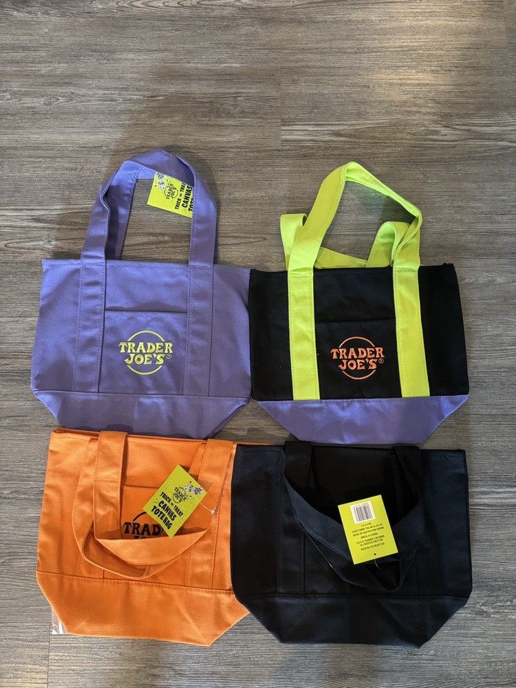Trader Joe’s Mini Canvas Tote Bag Set of 4 – Purple, Black, Orange, Lime Green –