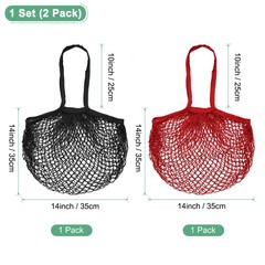 2-Pack Reusable Washable Mesh Net String Grocery Bags [Red, Black,Long Handle]