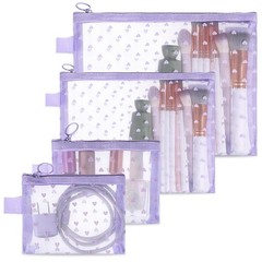 Qulkws 4Pcs Heart Print Mesh Zipper Pouch, Mini Cosmetic Bags, Purple