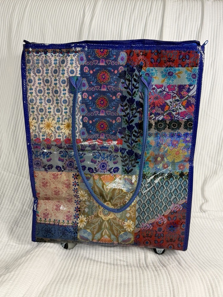 NW/OT Natural Life Reusable Rolling Tote Bag Blue Patchwork Wheels Boho