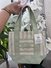 Trader Joe’s Mini Canvas Reusable Tote Bag Green White Striped