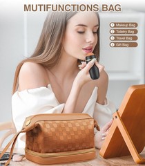 Hairao Large Makeup Bag for Women, Double Layer Travel with Brown