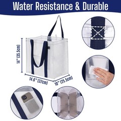 4 PCS Clear Foldable Reusable Grocery Shopping Bags Hard Bottom Heavy Duty