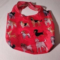 BeeGreen Reusable Nylon Shopping Tote Red Bag with Dogs All Over