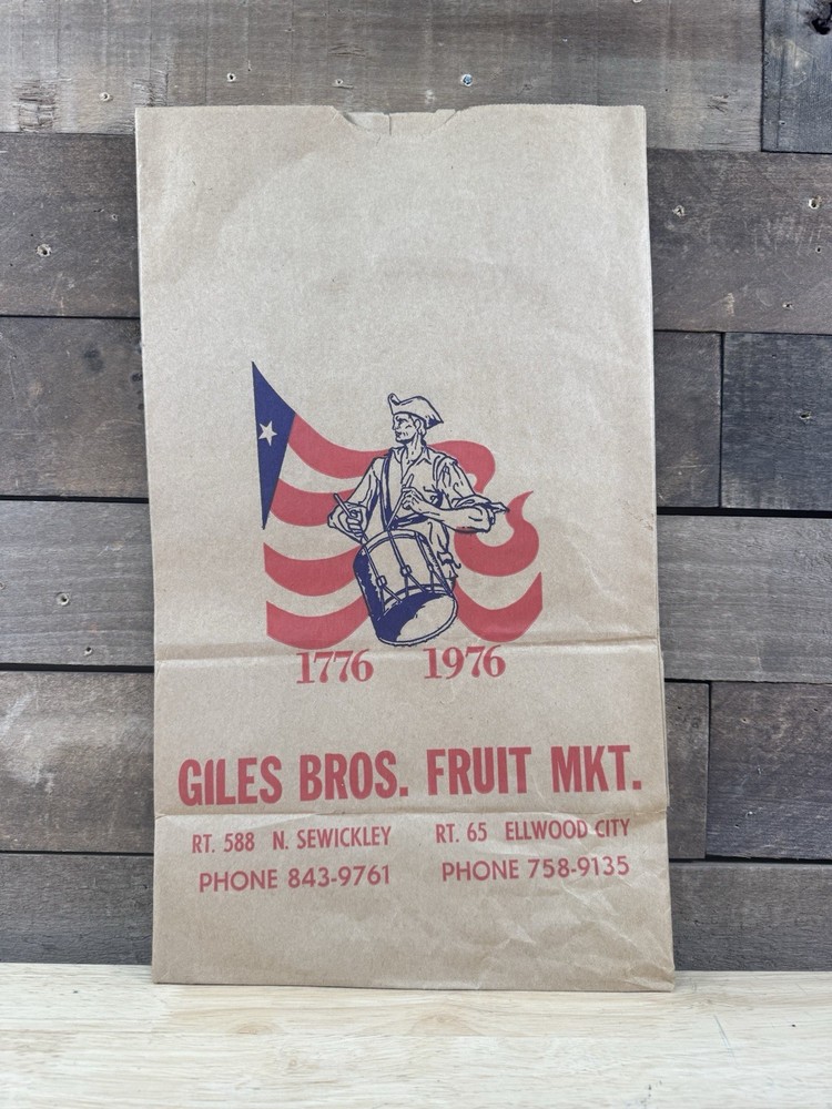 Vintage NOS Giles Bros. Fruit Market Brown Paper Bag Elwood City Pennsylvania