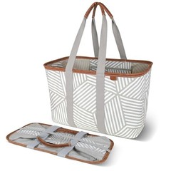 Collapsible LUXE Tote – Reusable Grocery Shopping Storage Bag Geometric Taupe