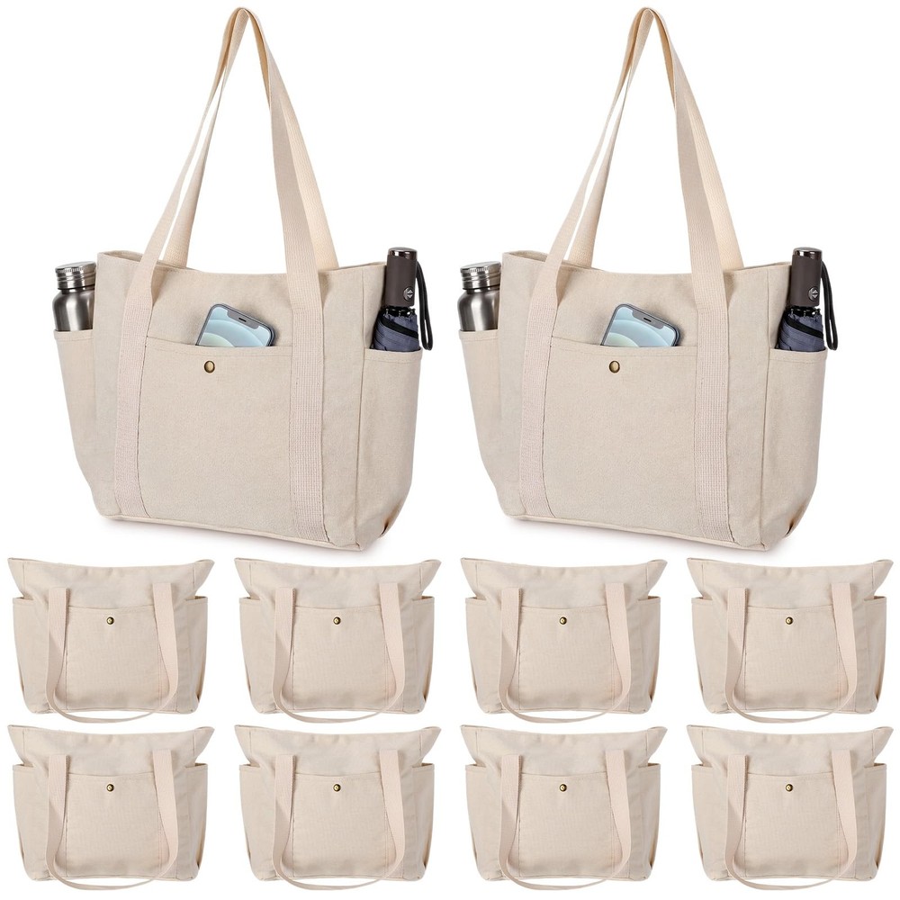 White 10 Pcs Canvas Tote Bags for Women Reusable Shoulder Tote Bags with Zipp…