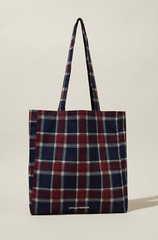 RARE Cotton:On Recycled Tote Bag Winter Holiday Check Reusable Grocery NEW