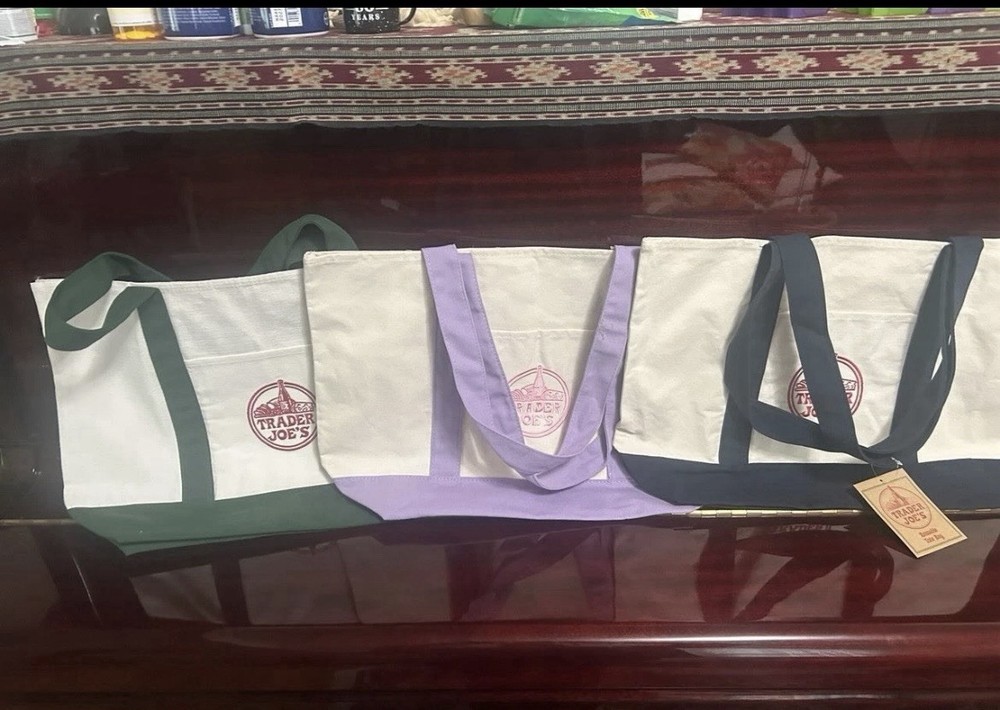 Trader Joe’s Authentic, Large Canvas Tote Bags-Set of 3 (Blue, Green, Purple)