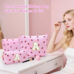 YILANCOL Personalized Initial Makeup Bag,Strawberry Print Pink Strawberry