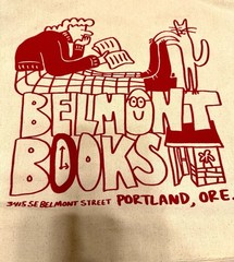 Belmont Books Portland Oregon Canvas Reusable Foldable Tote Bag Beige Red Cat