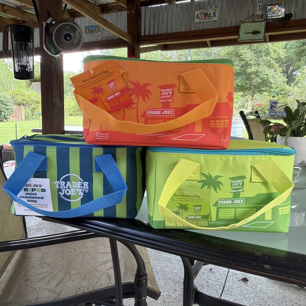3- summer Trader Joes Mini Insulated Bag 1 orange, 1 green , 1 blue stripe