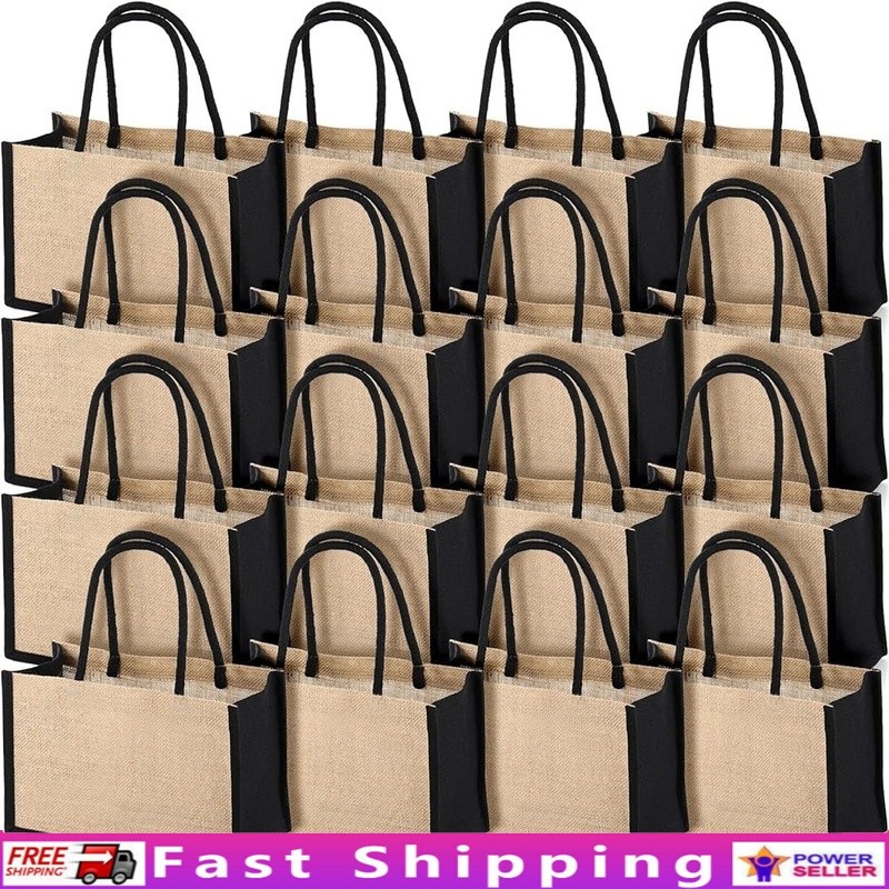 16 Pack Durable Jute Tote Bags Grocery Shopping Gift Bags W/ Cotton Handles New