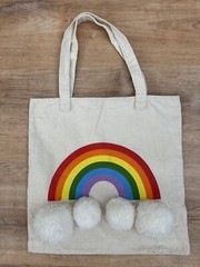 Rainbow Canvas Tote Bag Clouds Poof Balls Reusable Shopping Bag Satchel