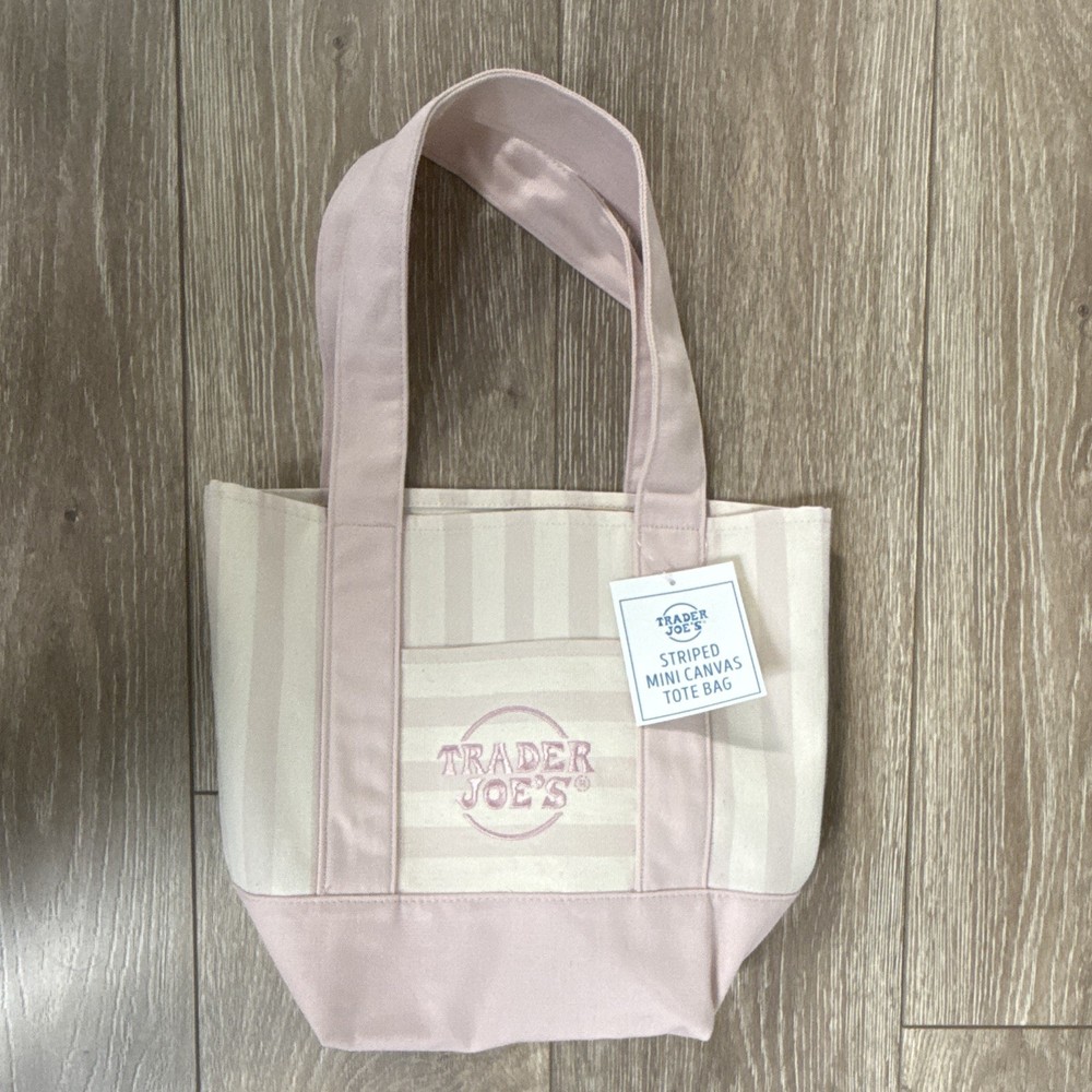 Trader Joe’s Striped Mini Canvas Tote Bag Reusable Pink/White 11x9x4 2.5qt