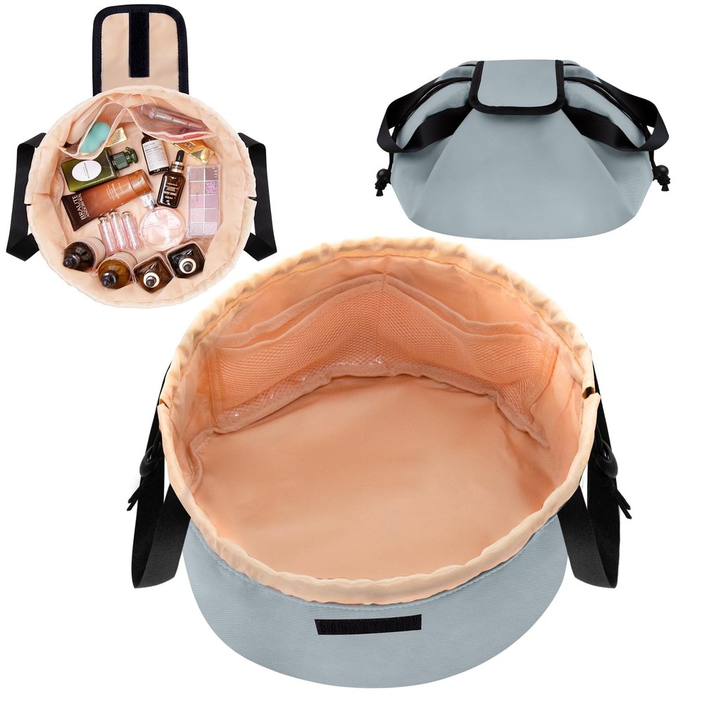 Barrel Drawstring Makeup Bag Large Travel Bag,Portable greyish blue