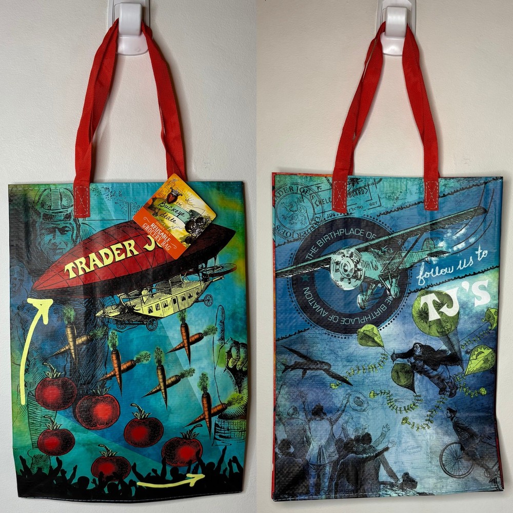 Trader Joe’s Ohio Buckeye State Tote Bag Reusable Shopper Plane Rock n Roll NWT!
