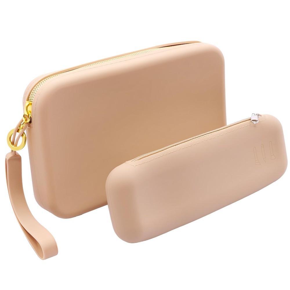 FUSMYE Set of 2 Zipper Makeup Brushes Bag For Travel, Large Silicone Khaki