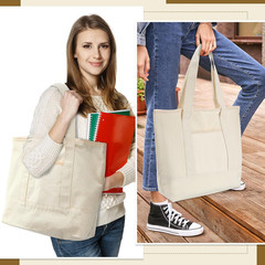 16 Pcs Canvas Tote Bags Bulk with Outer Pocket 18 Inch Reusable Shopping Grocery