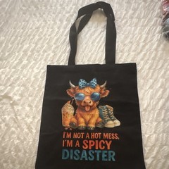 Black Reusable Tote Bag Graphic Print “I’m Not a Hot Mess, I’m a Spicy Disaster”