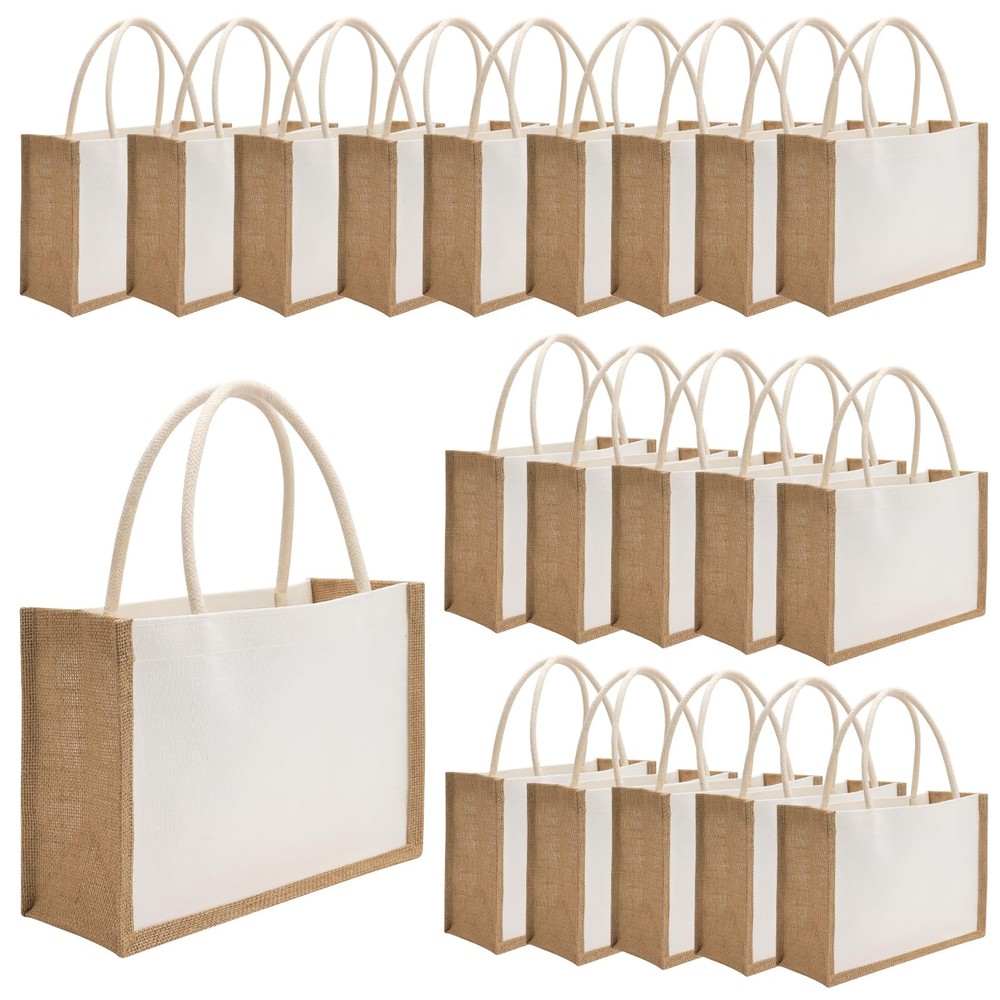 20 Pack Burlap Tote Bags Jute Tote Bags Reusable Water Resistant Beach Bag Bl…