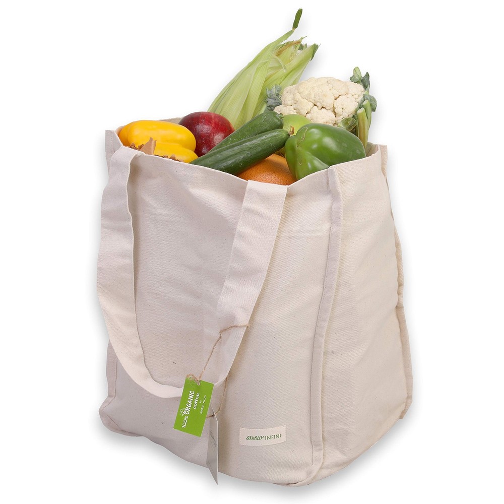 Organic Cotton Grocery Bags with Bottle Sleeve – Set of 1 Foldable & Washable…