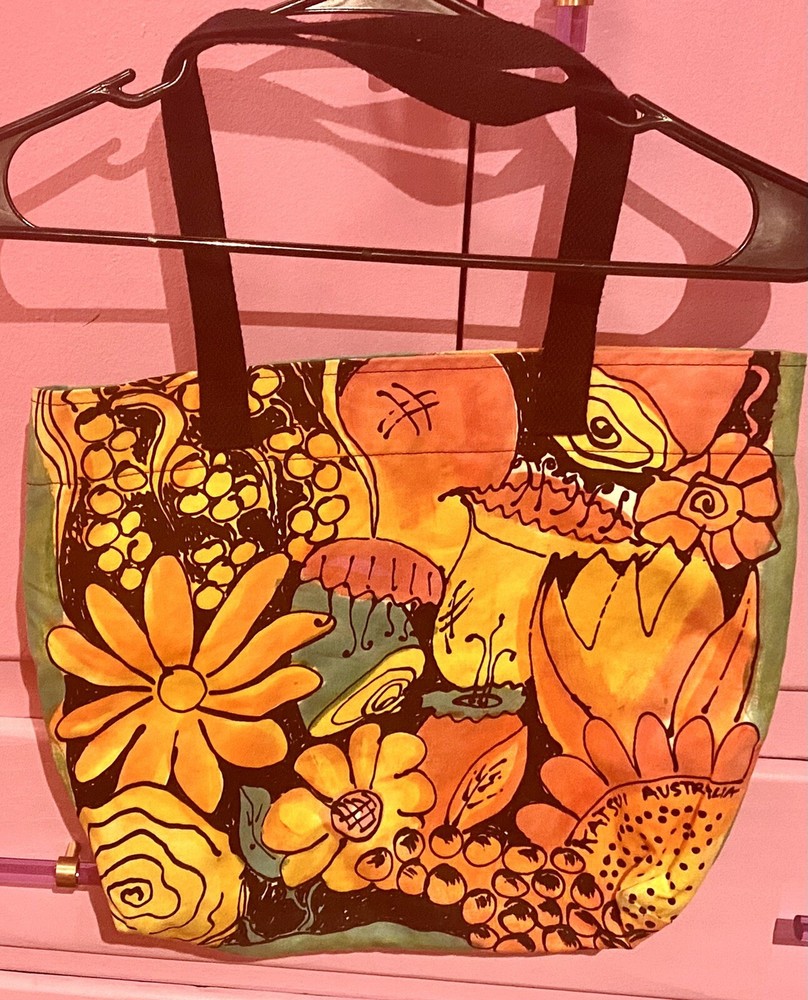 TOTE Signed KATSUi AUSTRALIA XL Canvas Reversible TROPICAL FLOWERS Zip EUC