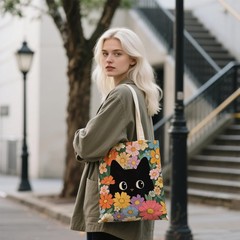 Black Cat Canvas Tote Bag – Vintage Flora & Cute Cat Print Canvas Bag with Ma…