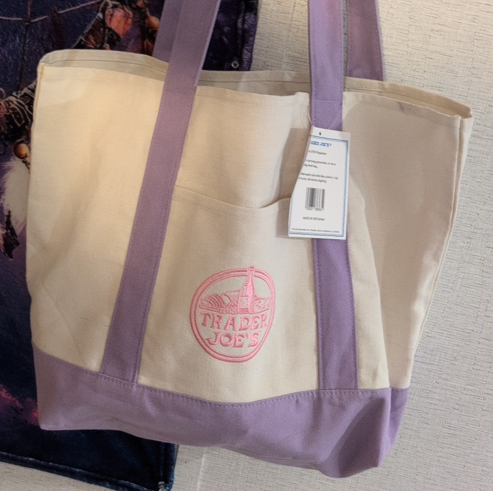 Trader Joe’s Foldable Canvas Tote Bag Beige Purple