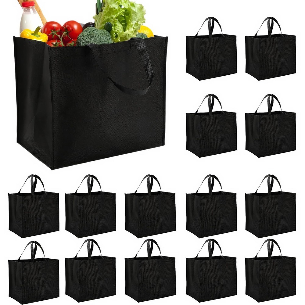 15 PCS Large Reusable Grocery Tote Bags Foldable Shopping Durable Handle Black