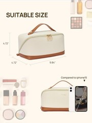Telena Leather Make Up Bag Portable Travel Makeup 0-Beige with Brown