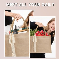 6 PCS Burlap Tote Bag Handle 15.35x6x12 Inch Waterproof Reusable Jute Grocery