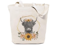 Highland Cow Canvas Tote Bag for Women Aesthetic Floral Reusable Grocery Shou…