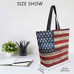 4th of July Canvas Tote Bag Large Women Casual Shoulder Wooden American Flag