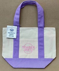 Trader Joe’s Mini Canvas Tote Bag Purple Beige Color Block Foldable