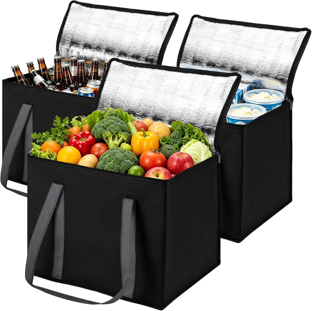 3-Pack XL-Large Insulated Grocery Bags, Collapsible Cooler Bags with Zipper, Mul