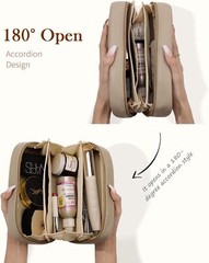 Pocmimut Makeup Bag,PU Leather Travel Cosmetic Bag,Open Flat Large, Apricot