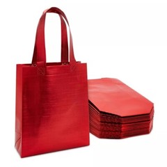 Reusable Gift Grocery Tote Bags w Handle Non Woven Metallic Red