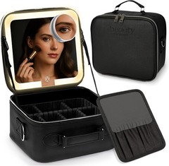 Makeup Bag with LED Mirror, PU Leather Case – 3 Adjustable Brightness…