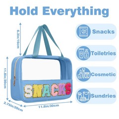 Snack Bags Chenille Letter Patch Clear Bag Snacks for Travel, Blue-Snack