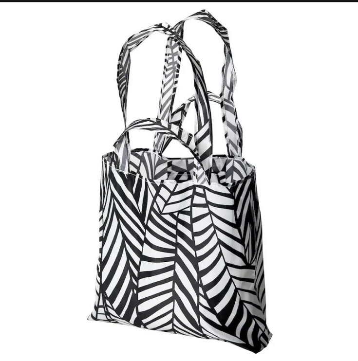 IKEA SKYNKE Leaf Black/ WhIte Pattern Foldable Pocket Reusable Shopping Tote Bag
