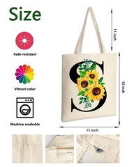 Canvas Tote Bag Aesthetic for Women, Cute Sunflower Initial Trendy Monogram P…