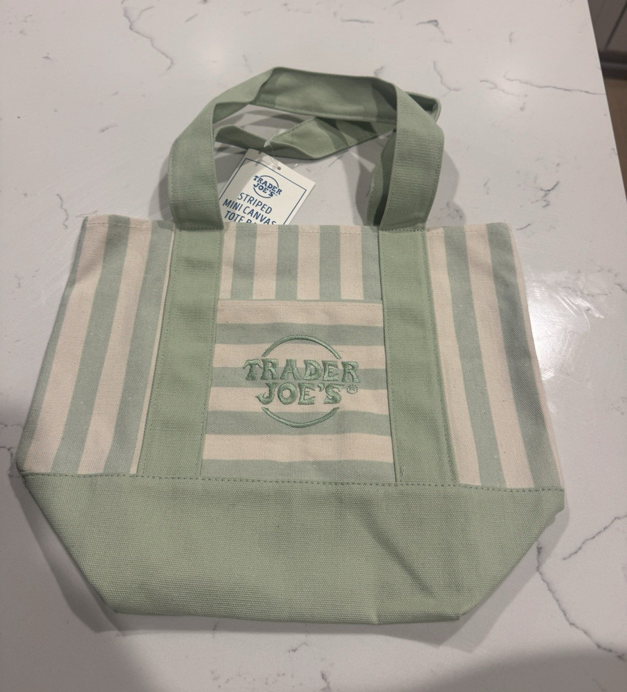 2 Trader Joe’s Mini Canvas Tote Bag Striped Green/Beige 13x11x6 in New