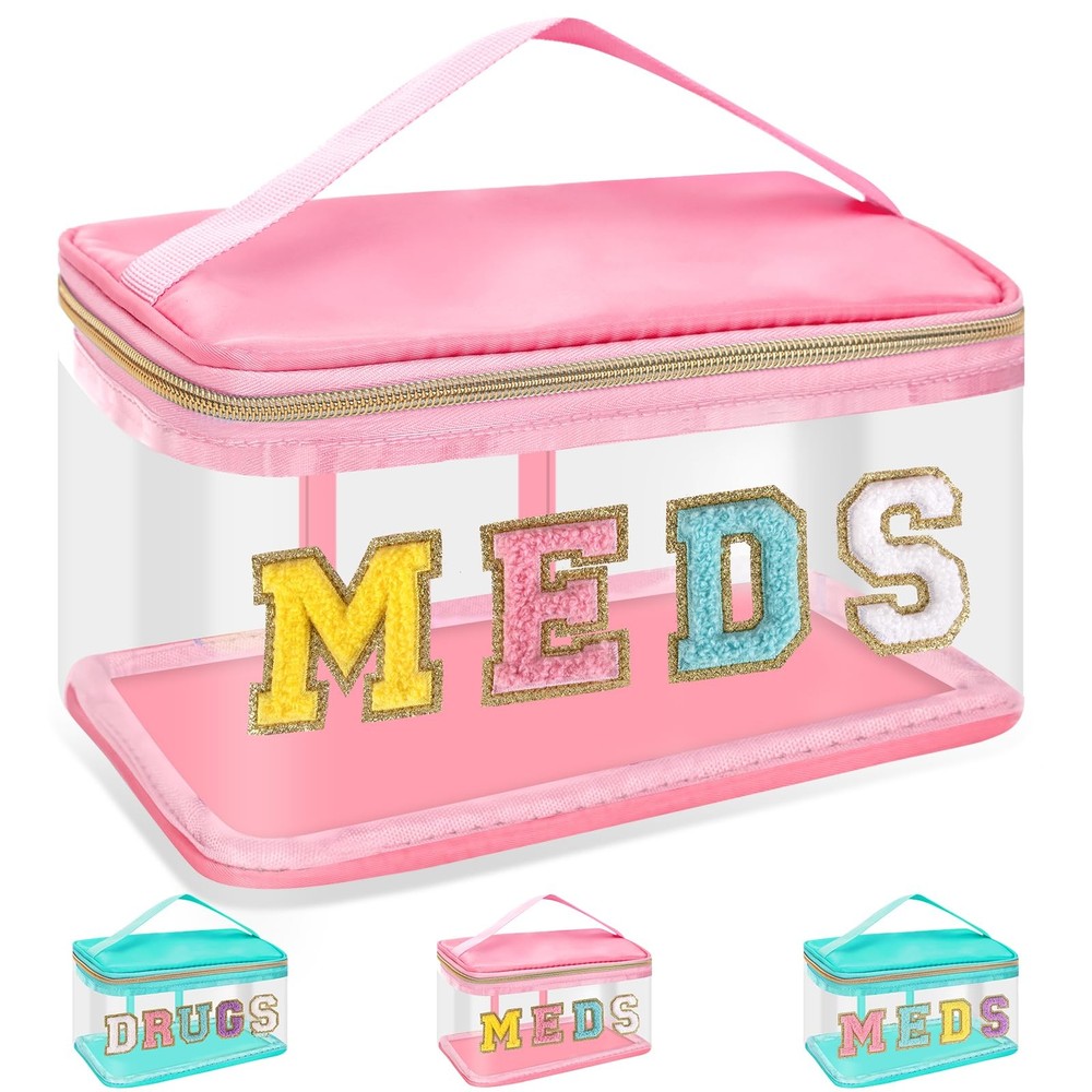 Chenille Letter MEDS Makeup Pouch, Waterproof Portable Style C, C-MEDS-Pink