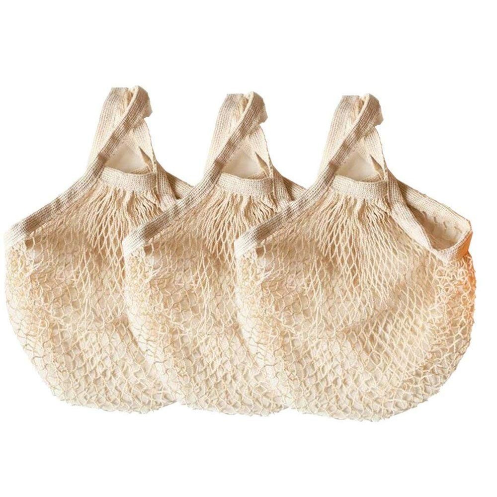 Cotton String Bags For Shopping, Eco Friendly Mesh Tote, 3 Pack, Beige