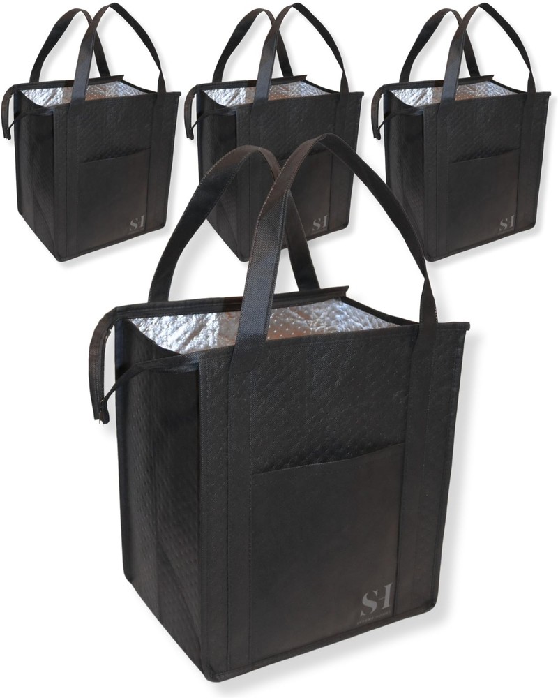 Black Insulated Grocery Bags Reusable Shopping Tote With Zippered Top 4 PCS
