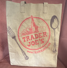 Trader Joe’s Reusable Paper Shopping Bag Food & Utensil Print Beige 10x6x14