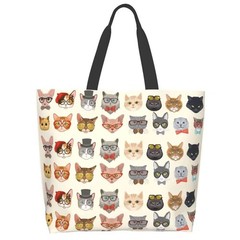 Funny Cat Tote Bag Kitty Print Shoulder Handbag, Reusable Polyester Shopping Bag
