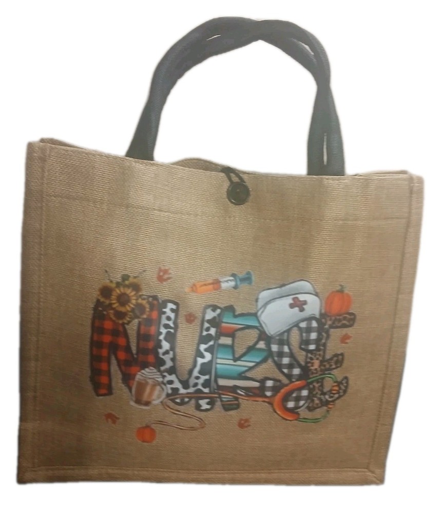 Foldable Burlap Reusable Shopping Bag, Nurse Design, Beige Multicolor, All-Over